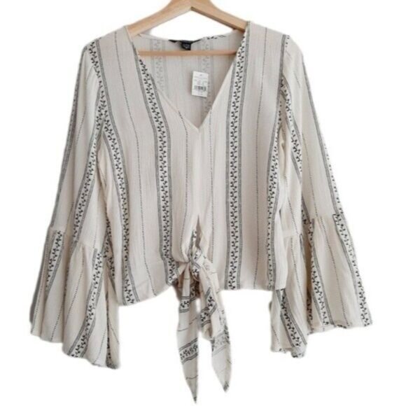 AEO - New Boho Peasant Blouse Tie Front w/ Bell Sleeve Sz XS - Picture 2 of 11
